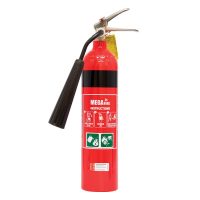 A compact CO2 fire extinguisher with a smaller red cylinder and a slim black discharge horn attached directly to the valve.