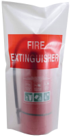 A protective red and white plastic sleeve labeled "Fire Extinguisher" for high visibility and dust protection.
