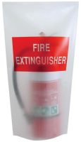 A close-up of a wall-mounted fire extinguisher partially covered by a white sleeve with a large red rectangular "FIRE EXTINGUISHER" label.