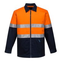 High-visibility safety jacket in orange and navy blue, featuring reflective stripes across the chest and arms.