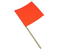 A bright orange flag attached to a wooden stick, used for signaling or marking locations.