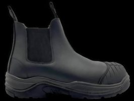 A side view of a black rubber Chelsea boot featuring an elastic side panel and a textured sole, set against a black background to emphasize its design.