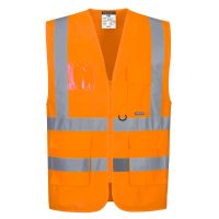Another orange safety vest with reflective stripes, but with a slightly different design and a round neck opening.