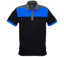 A men's short-sleeve polo shirt featuring a black body with a vibrant blue horizontal stripe across the chest and blue accents on the sleeves. The collar is a light gray color, providing a contrast to the darker tones of the shirt.