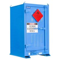 Compact blue hazardous material locker featuring a reinforced steel build and a red diamond placard for clear hazard identification.
