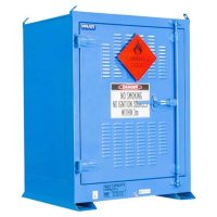 Mid-sized blue safety cabinet for industrial chemicals, shown with a secure handle and integrated ventilation slots at the base.