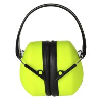 High-visibility neon yellow earmuffs with a black adjustable headband and black ear cushions.