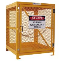 Yellow gas cylinder cage made of heavy-duty steel mesh with a "DANGER" warning sign and a lockable door.