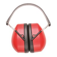 Industrial red earmuffs with a silver metallic headband and black cushioned ear pads for hearing protection.