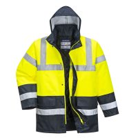 High-visibility yellow jacket with reflective gray stripes, designed for safety in low-light conditions. It features a hood and is partially open at the front, revealing a dark interior.