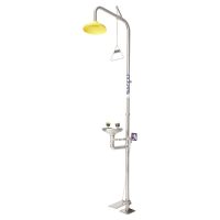 All-in-one emergency safety station with a yellow shower head, integrated eyewash unit, and stainless steel piping.