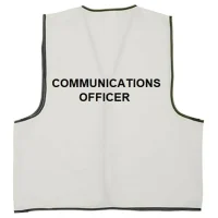 White vest with "COMMUNICATIONS OFFICER" printed in black on the back.