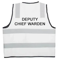 A white safety vest with reflective tapes and black "DEPUTY CHIEF WARDEN" text print on the back.