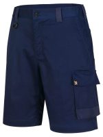 A pair of dark navy cargo shorts featuring multiple pockets, designed for functional wear in casual or work settings.