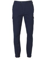 Image of dark navy blue slim-fit cargo pants with side pockets.