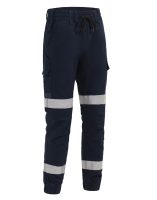 A pair of dark navy work pants featuring reflective stripes on the knees and sides, designed for safety and visibility.