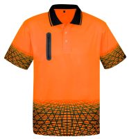 A vibrant orange polo shirt with a geometric pattern at the bottom, incorporating a black collar and a small chest pocket, suitable for casual wear.