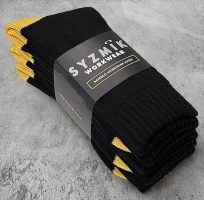 A bundle of black socks neatly stacked and held together with a black and yellow label that reads "SYZMIK Workwear." The socks have a ribbed texture and are designed for durability.