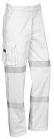 Image of white cargo pants with reflective strips on the legs, featuring side pockets.