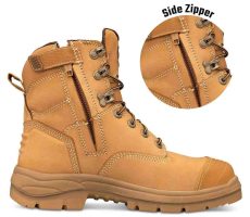 Tan work boots featuring a side zipper and lace-up design, showcasing durable material and sturdy sole.