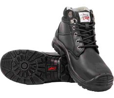 Black lace-up work boots with a sturdy rubber sole and padded collar, displayed with soles facing up.