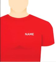 Red t-shirt with a small printed name detail on the chest area