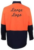 Long-sleeve shirt with orange upper panel and navy lower section featuring a sample printed logo
