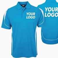 Blue collared shirt with front and back views displaying customizable logo placement