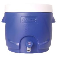 Insulated blue water cooler with a white lid and a front-mounted dispensing tap for site hydration.