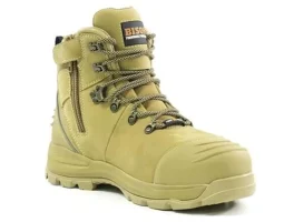 Image of a khaki work boot with laces and a zip feature. The boot showcases a rugged design suitable for demanding environments and offers ankle protection.